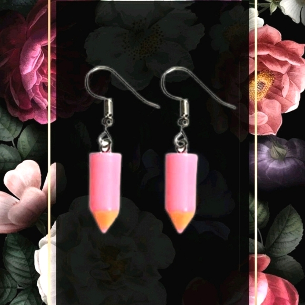 Women's Pink Colored Pencil Drop Dangle Earrings